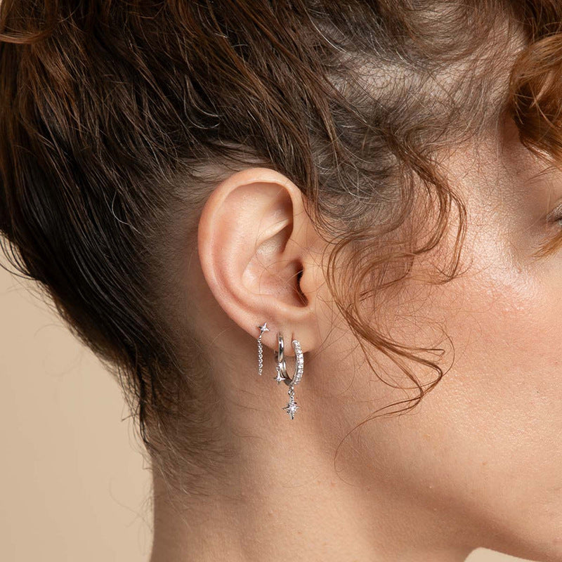 "Polar Star" 925 Sterling Silver Pavé Hoop Drop Earrings