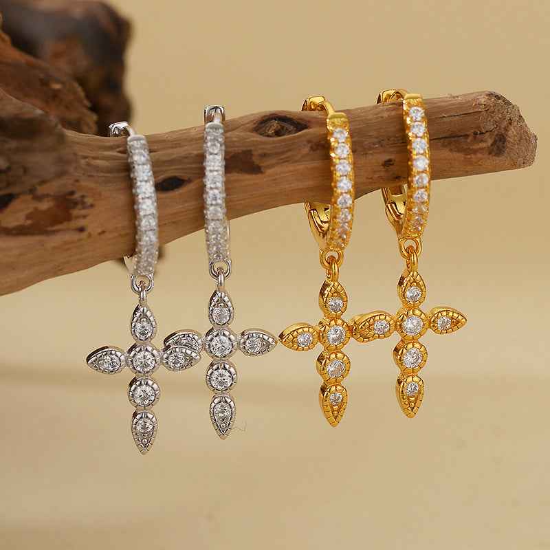 “Celestial Cross” S925 Sterling Silver Full Pavé Dangle Earrings