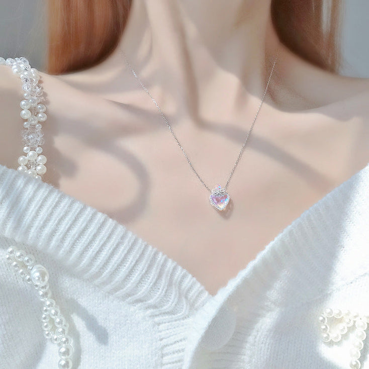 “Aurora Bow” S925 Sterling Silver Iridescent Heart Necklace