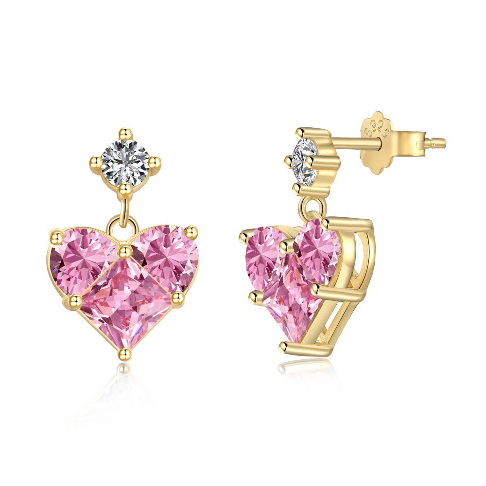 “Pink Prism Heart” S925 Sterling Silver Geometric Heart Zircon Jewelry Set (Necklace & Stud Earrings)