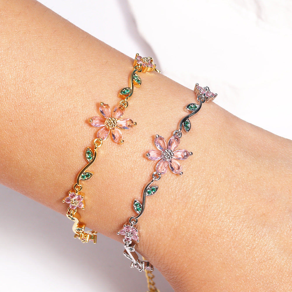 Sakura Breeze Brass Genuine Gold-Plated 3A Zircon Floral Bracelet