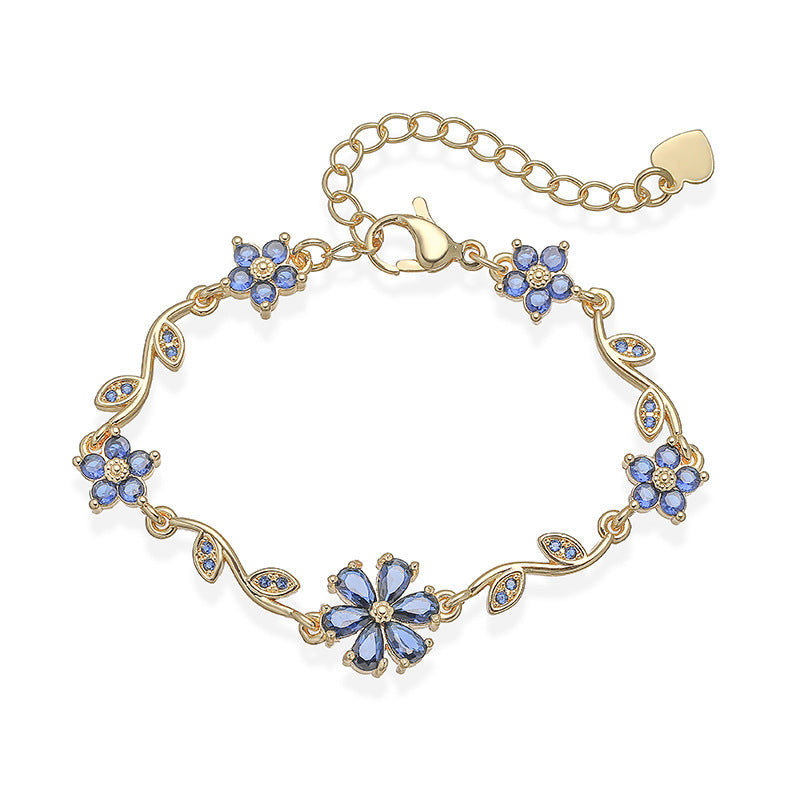 “Blossom Vine” Gold-Tone Brass Multicolor Zircon Flower Bracelet