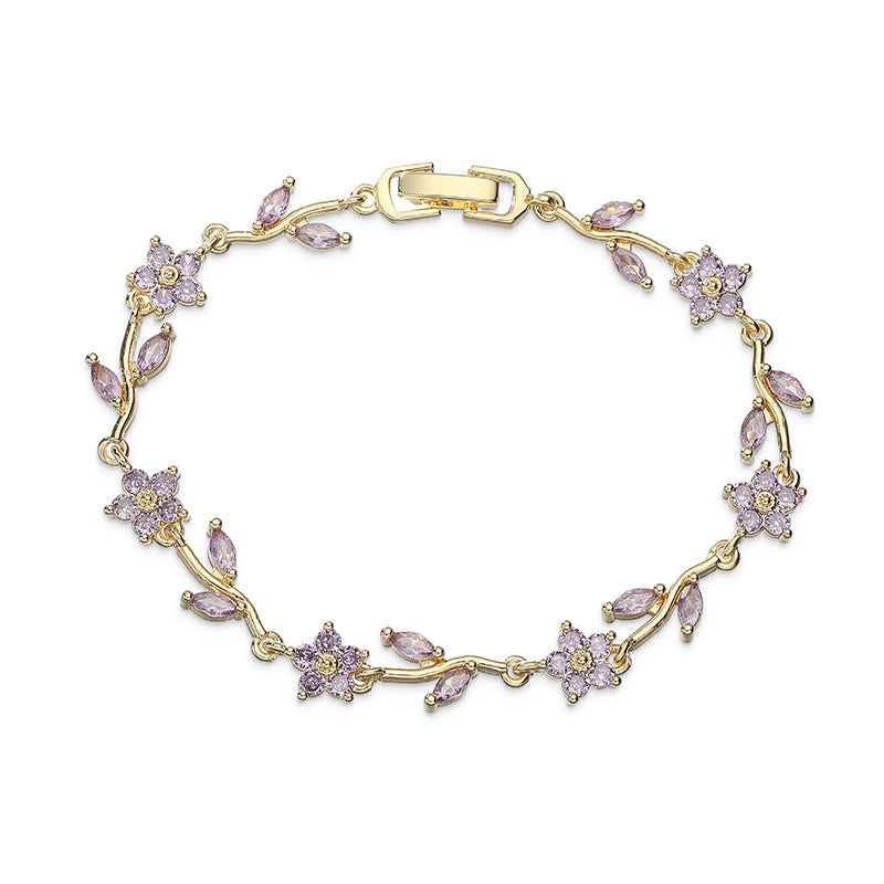“Camellia Vine” Gold-Tone Brass Multicolor Zircon Flower Bracelet