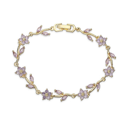 “Camellia Vine” Gold-Tone Brass Multicolor Zircon Flower Bracelet