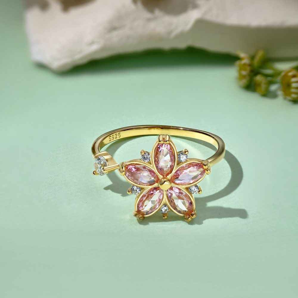 “Blooming Spin” 925 Sterling Silver Rotating Pink Blossom Ring
