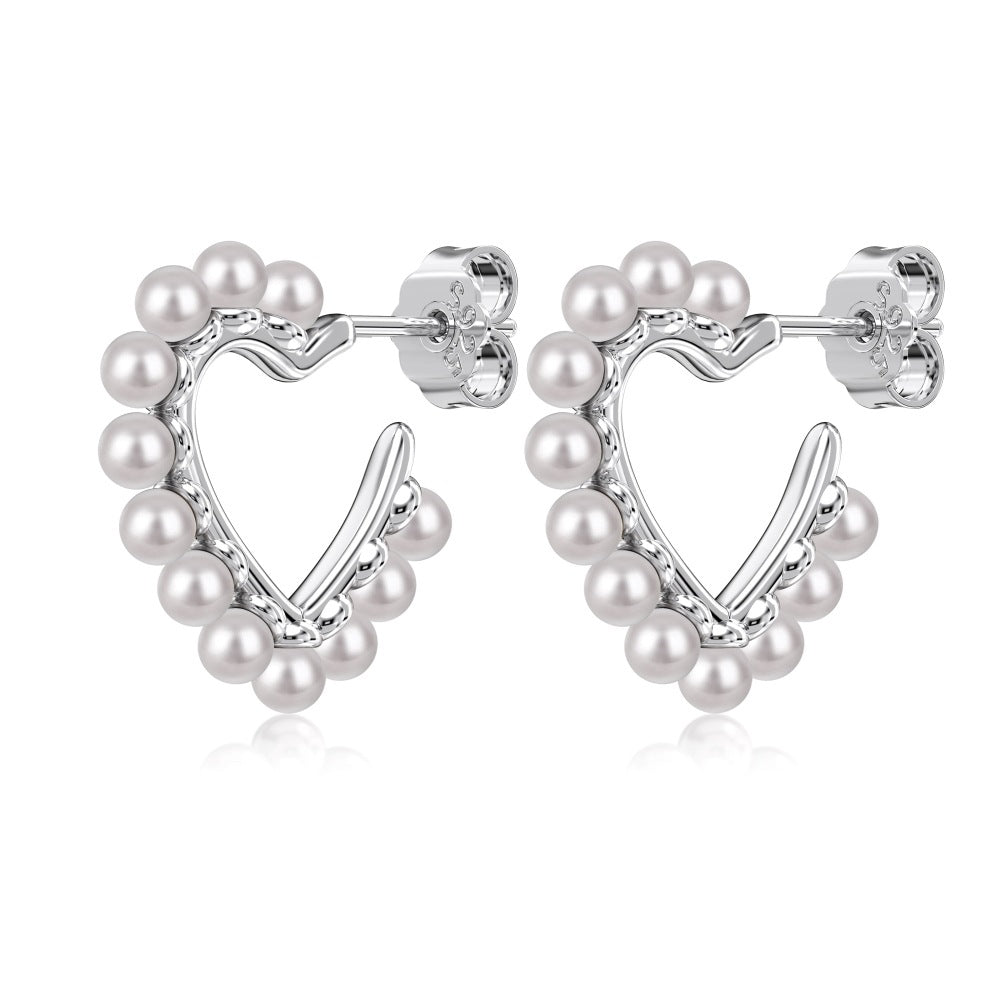 “Pearl Devotion” 925 Sterling Silver Heart Pearl Stud Earrings