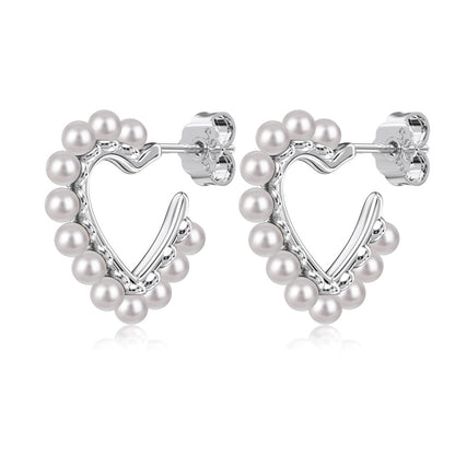 “Pearl Devotion” 925 Sterling Silver Heart Pearl Stud Earrings