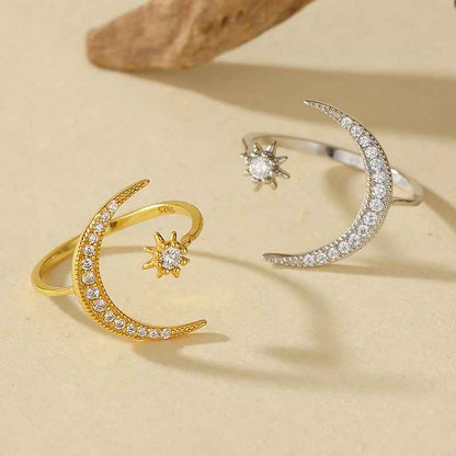 “Starlit Embrace” 925 Sterling Silver Moon & Star Adjustable Ring
