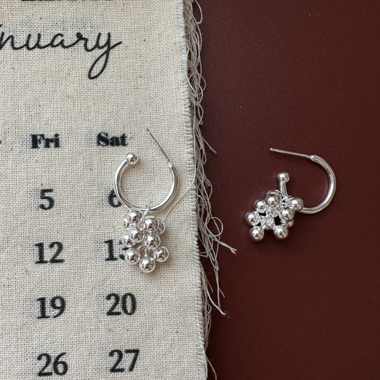 “Silver Vineyard” 925 Sterling Silver Grape Hoop Earrings