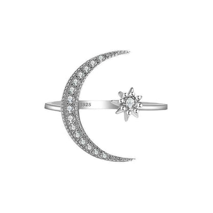 “Starlit Embrace” 925 Sterling Silver Moon & Star Adjustable Ring