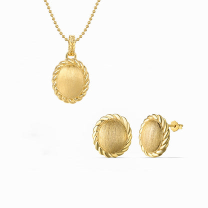 "Golden Weave" 925 Sterling Silver Brushed Oval Necklace & Stud Earring Set