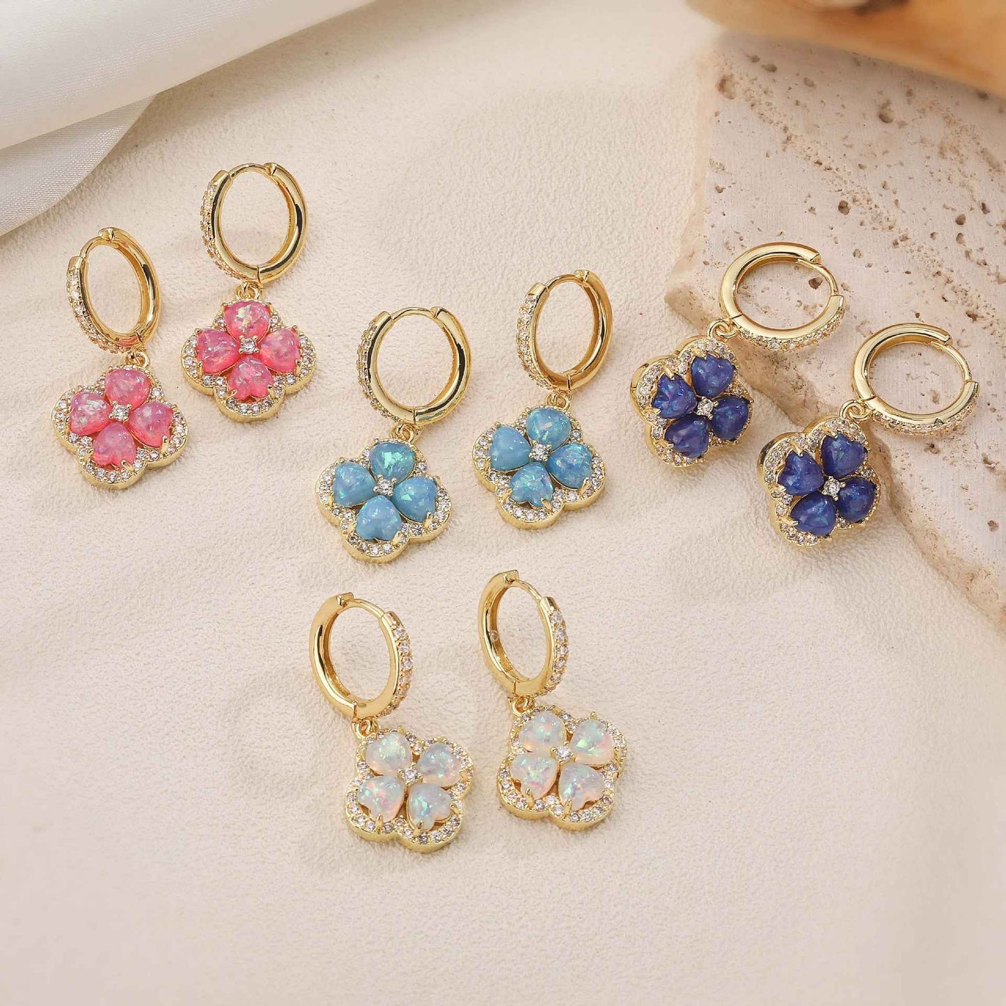 “Clover Bloom” Gold-Tone Brass Colorful Zircon Clover Jewelry Set