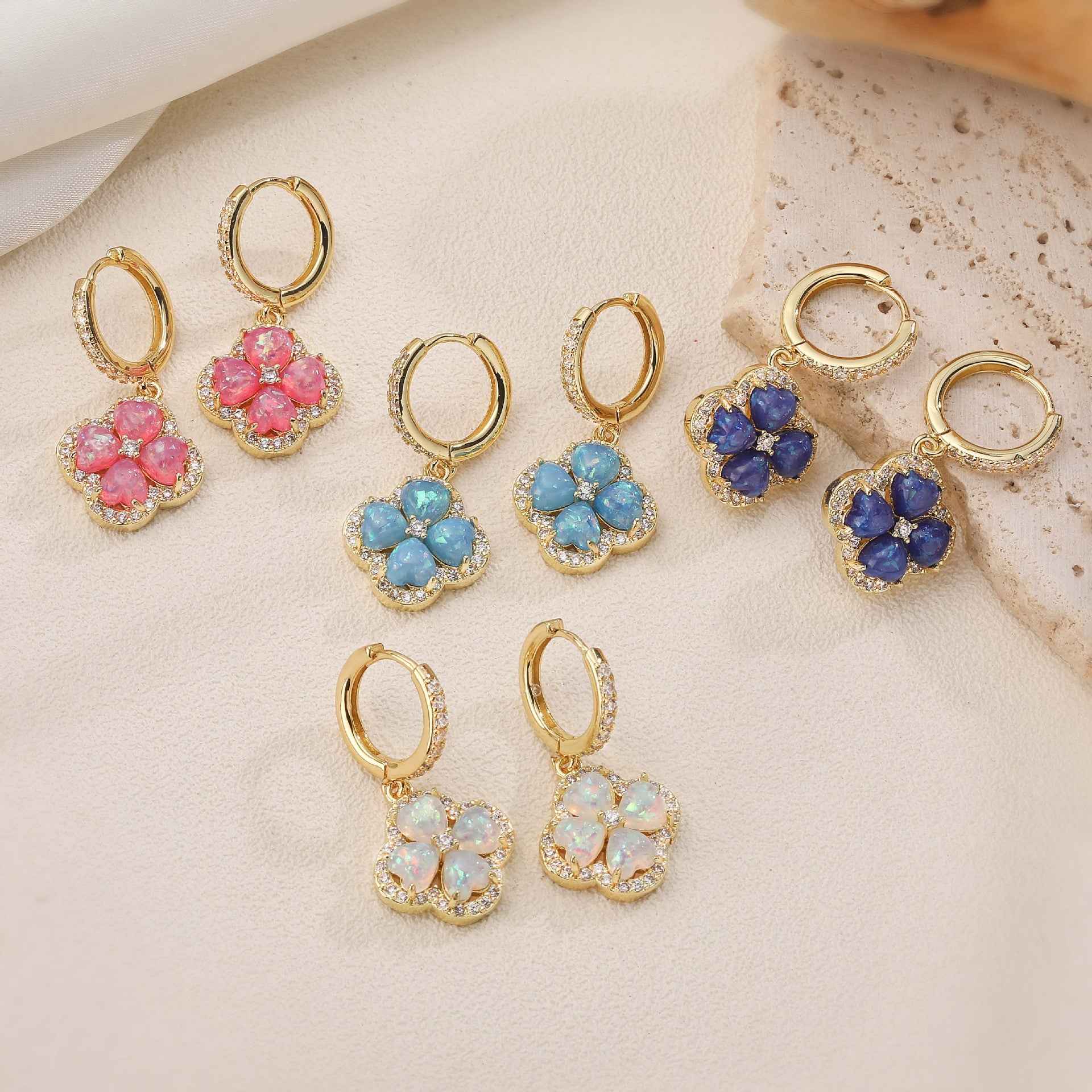 “Clover Bloom” Gold-Tone Brass Colorful Zircon Clover Jewelry Set