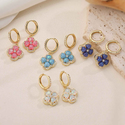 “Clover Bloom” Gold-Tone Brass Colorful Zircon Clover Jewelry Set