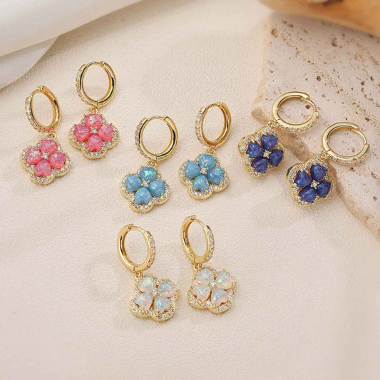 “Clover Bloom” Gold-Tone Brass Colorful Zircon Clover Jewelry Set