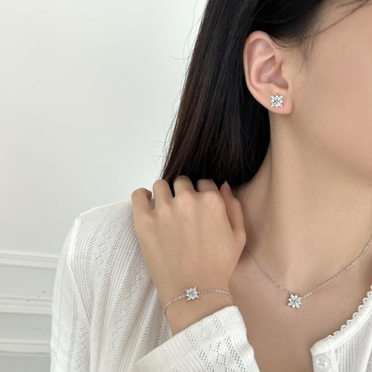 “Glacier Bloom” S925 Sterling Silver Snowflake Crystal Jewelry Set (Necklace, Bracelet & Earrings)