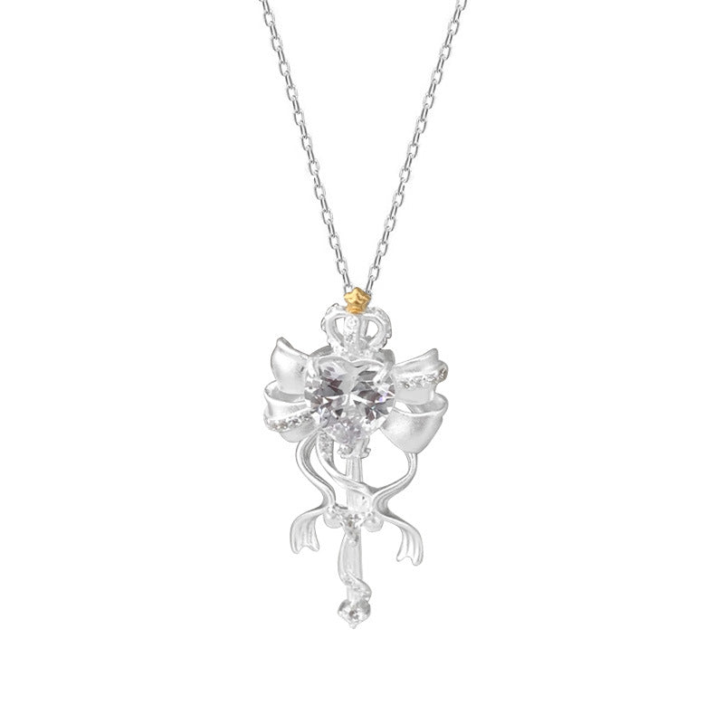 “Ribbon Scepter” S925 Sterling Silver Bow Magic Wand Jewelry Set (Necklace & Adjustable Ring)