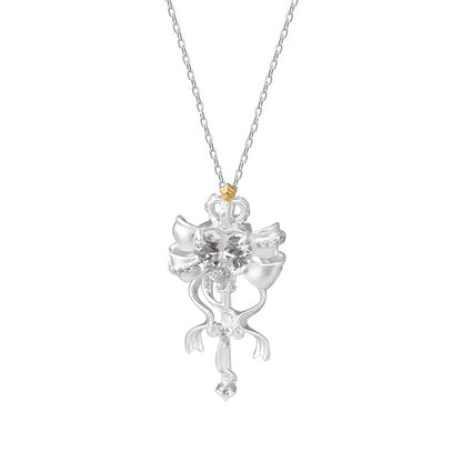 “Ribbon Scepter” S925 Sterling Silver Bow Magic Wand Jewelry Set (Necklace & Adjustable Ring)