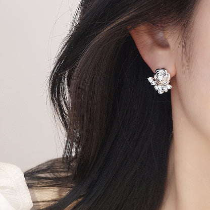 “Camellia Muse” S925 Sterling Silver Vintage Brushed Camellia Jewelry Set (Necklace & Earrings)