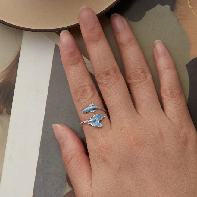 “Azure Dolphin” S925 Sterling Silver Enamel Open Ring