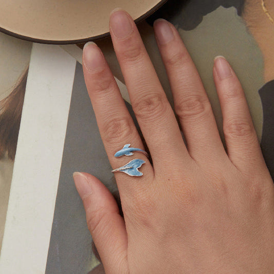 “Azure Dolphin” S925 Sterling Silver Enamel Open Ring