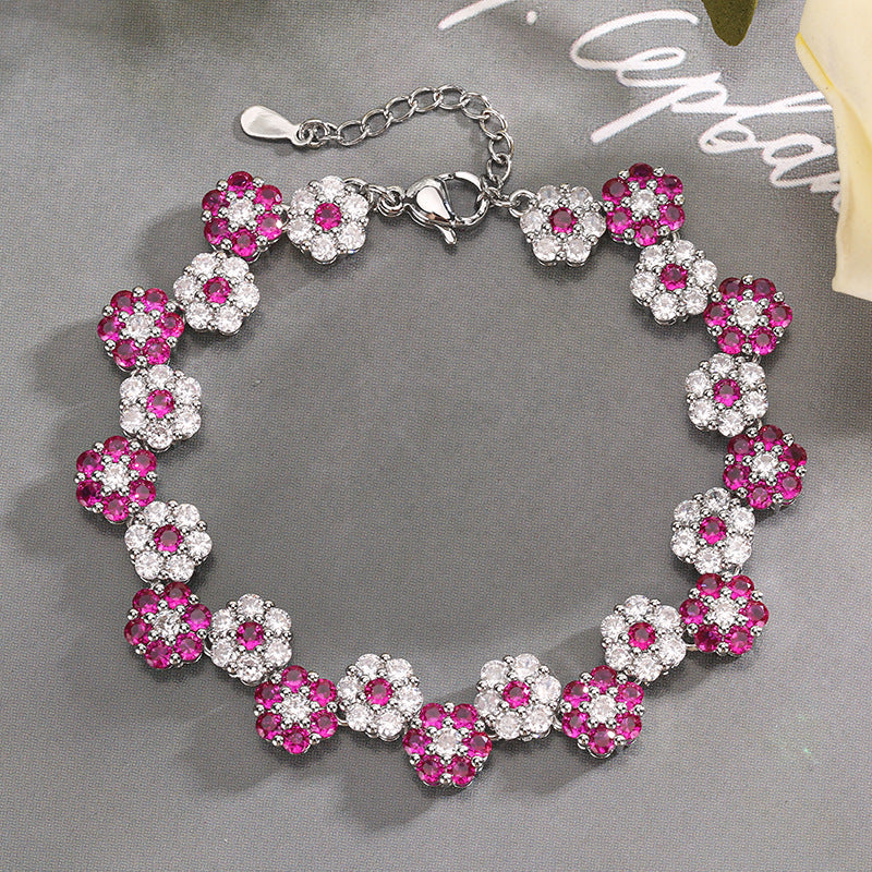“Ruby Bloom” Brass Ruby Zircon Flower Jewelry Set