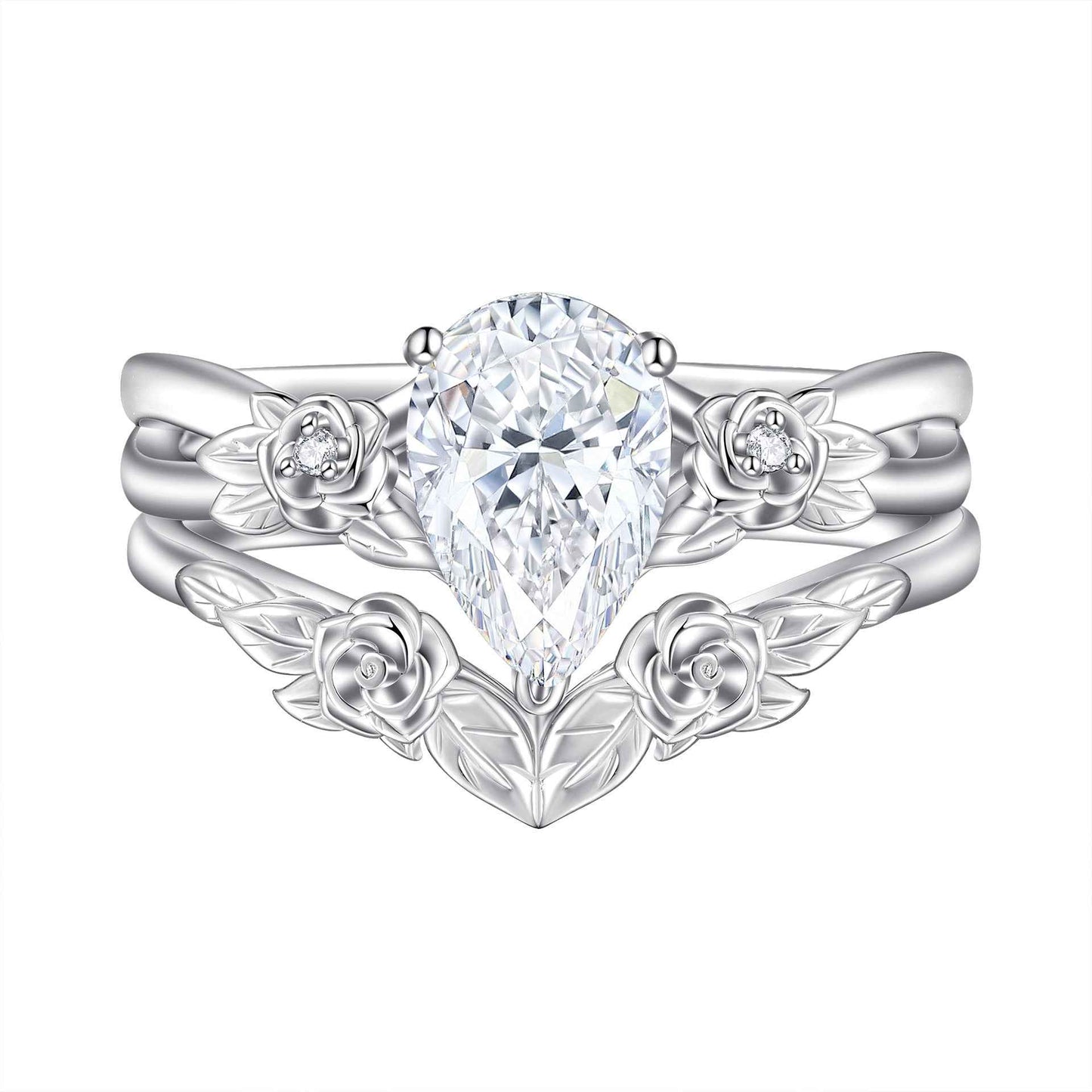 “Rose Tiara” S925 Sterling Silver 1.5CT Pear-Cut Floral Ring Set