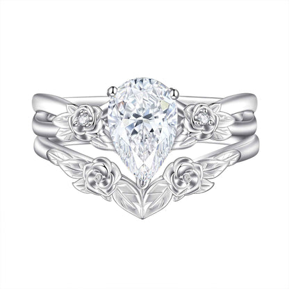“Rose Tiara” S925 Sterling Silver 1.5CT Pear-Cut Floral Ring Set