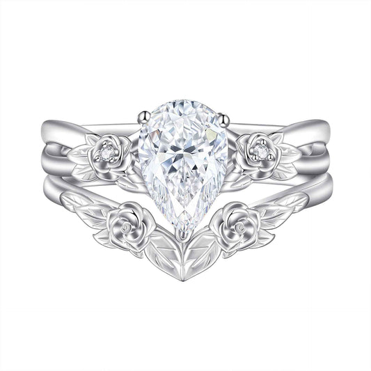“Rose Tiara” S925 Sterling Silver 1.5CT Pear-Cut Floral Ring Set