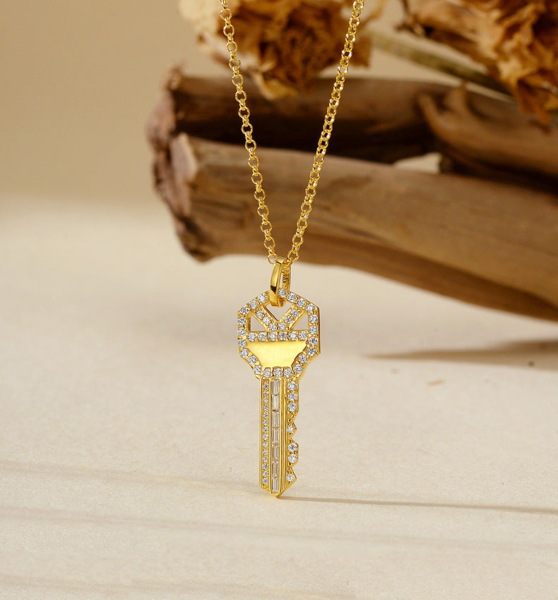 “Key of Power” 925 Sterling Silver Pavé Key Pendant Necklace