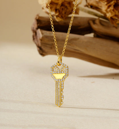 “Key of Power” 925 Sterling Silver Pavé Key Pendant Necklace