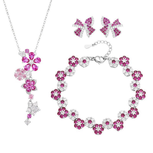 “Ruby Bloom” Brass Ruby Zircon Flower Jewelry Set