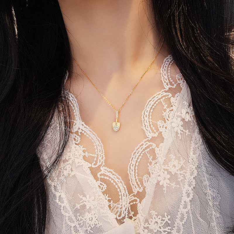 “Golden Fortune Shovel” S925 Sterling Silver Pavé Shovel Pendant Necklace