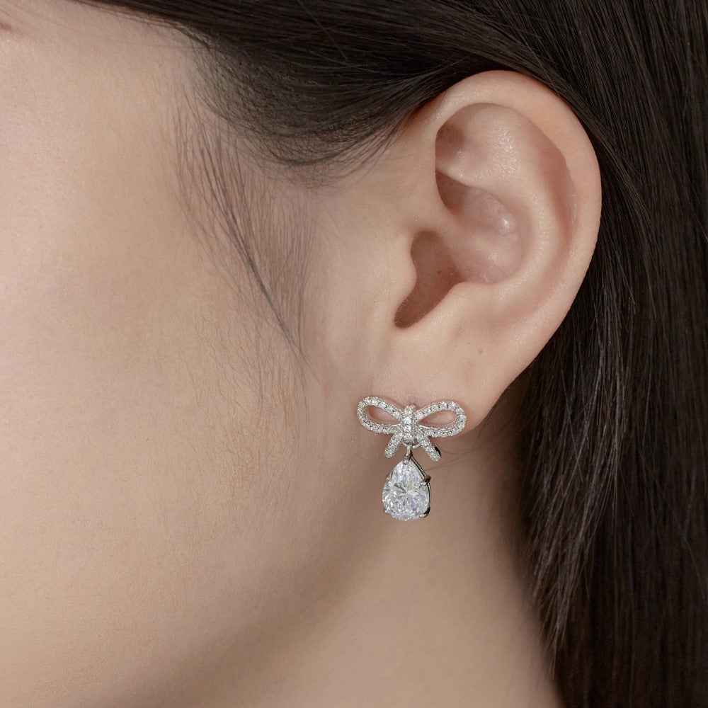 “Bow Elegance” 925 Sterling Silver Pear-Cut Drop Bow Earrings