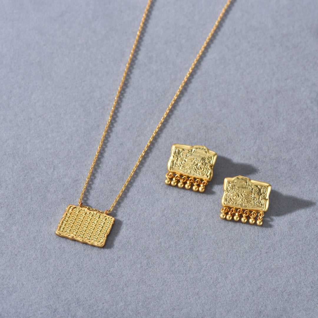 “Golden Relic” 18K Real Gold Plated Brass Geometric Square Pendant Necklace