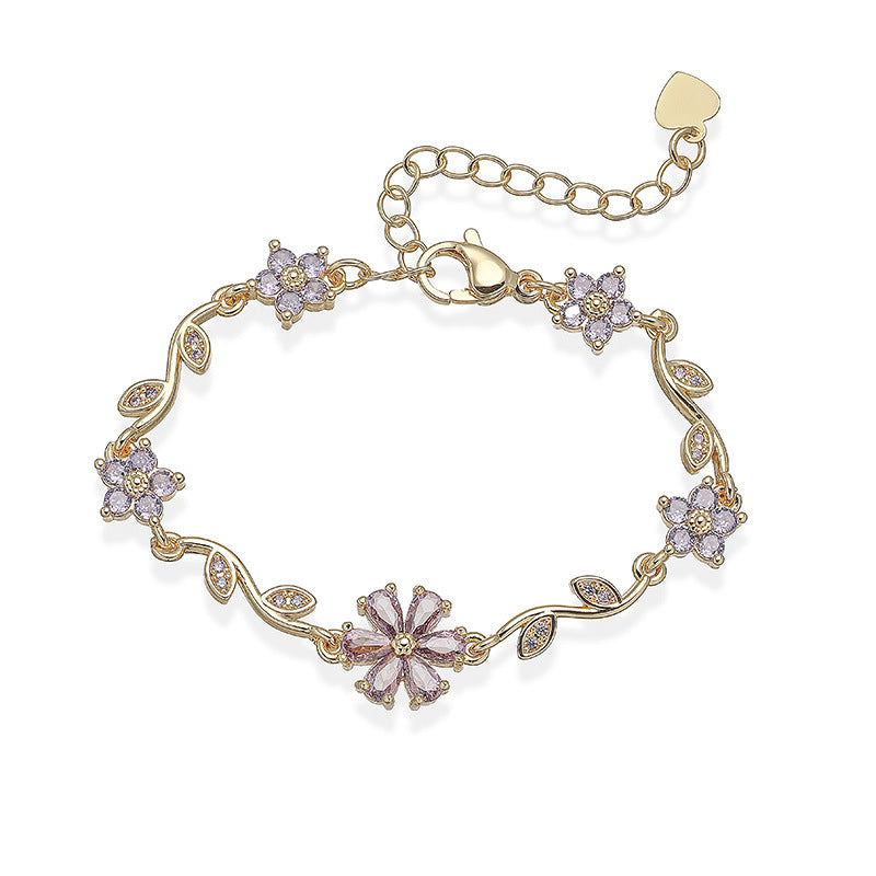 “Blossom Vine” Gold-Tone Brass Multicolor Zircon Flower Bracelet