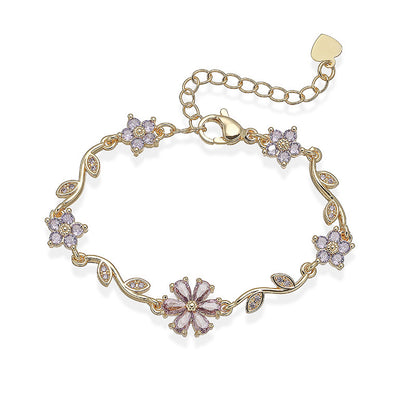 “Blossom Vine” Gold-Tone Brass Multicolor Zircon Flower Bracelet