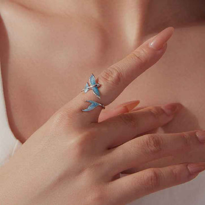 “Skyfin” S925 Sterling Silver Blue Enamel Flying Fish Open Ring