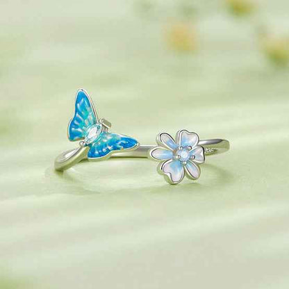“Blue Flutter Bloom” S925 Sterling Silver Open Ring