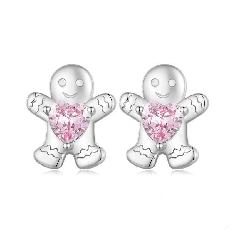 "Gingerbread Sweetheart" 925 Sterling Silver Pink-Heart Stud Earrings