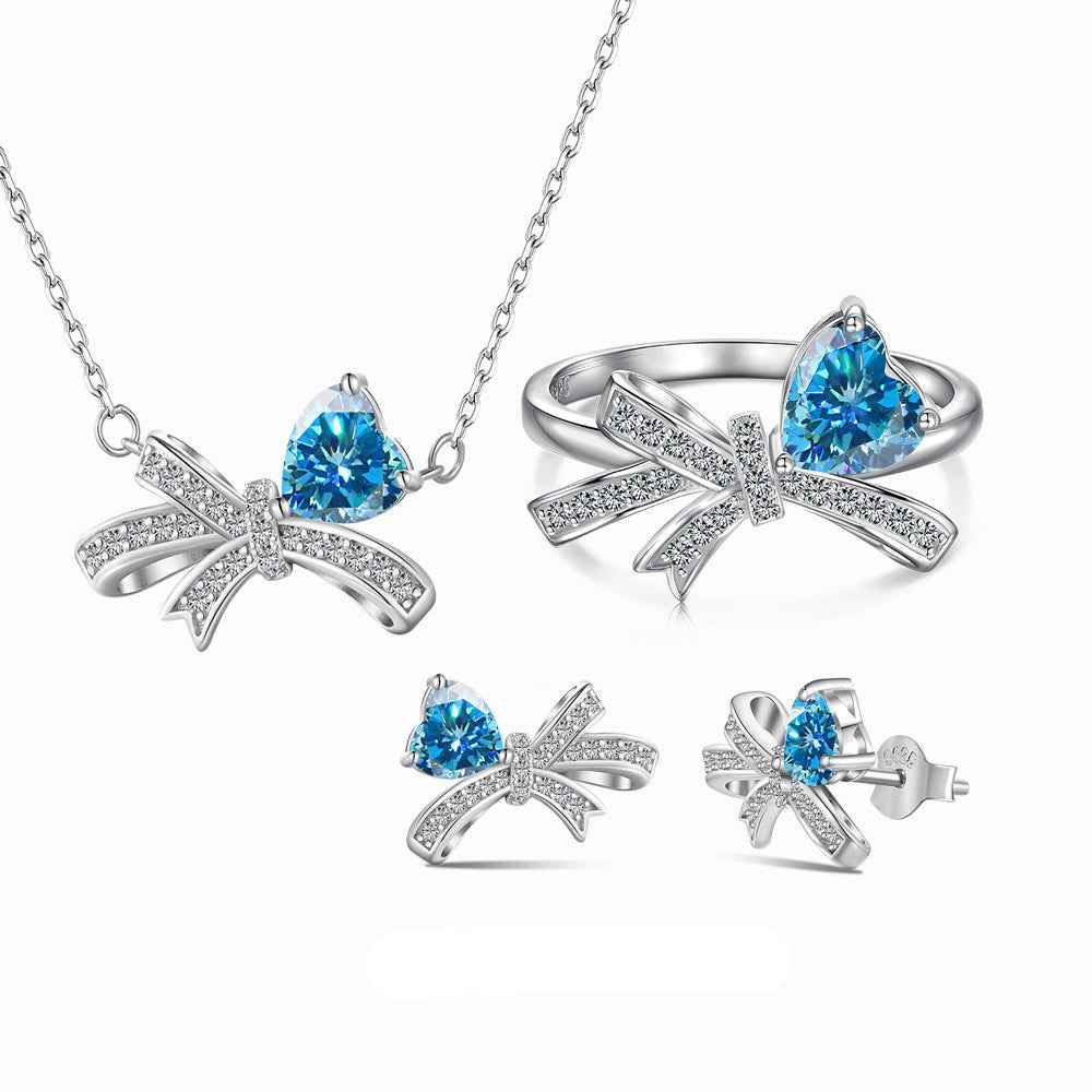 "Blue Ribbon Heart" 925 Sterling Silver Jewelry Set – Necklace, Ring & Earrings