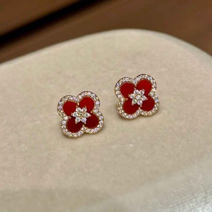 “Scarlet Clover” S925 Sterling Silver Red Carnelian Clover Jewelry Set (Necklace, Bracelet & Stud Earrings)