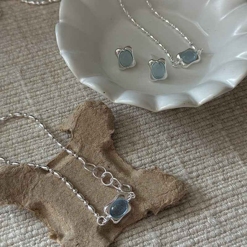 "Ocean Pillow" 925 Sterling Silver Aquamarine-Blue Jewelry Set