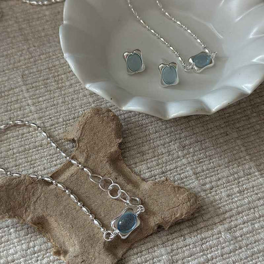 "Ocean Pillow" 925 Sterling Silver Aquamarine-Blue Jewelry Set