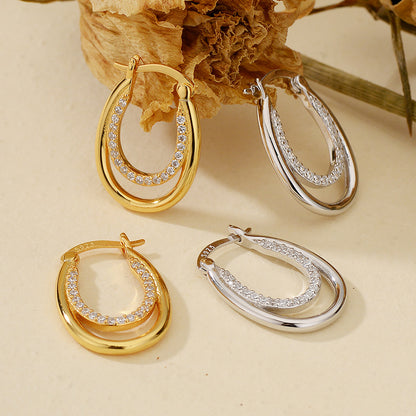 “Dual Arc Glow” 925 Sterling Silver Pavé Double-U Huggie Earrings