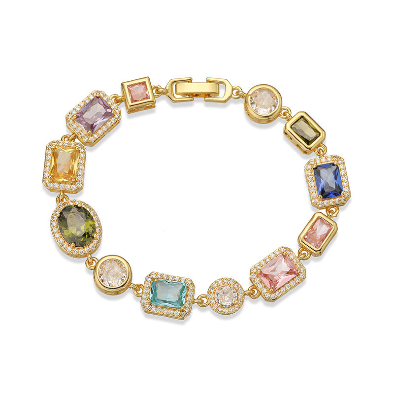 Imperial Mosaic Brass Genuine Gold-Plated 3A Multicolor Zircon Geometric Necklace & Bracelet Set