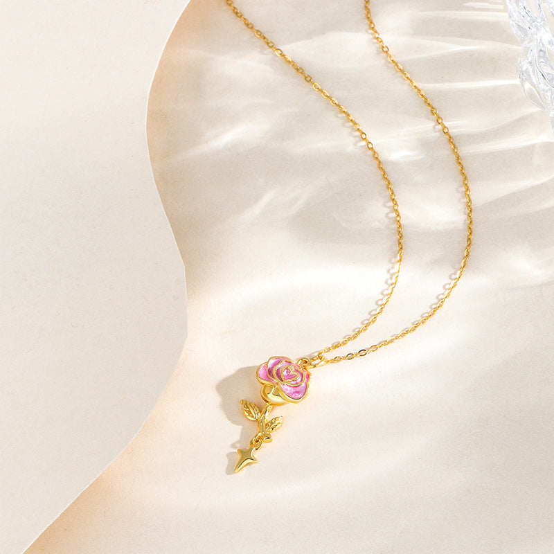 “Velour Rose” S925 Sterling Silver Pink Rose Pendant Necklace