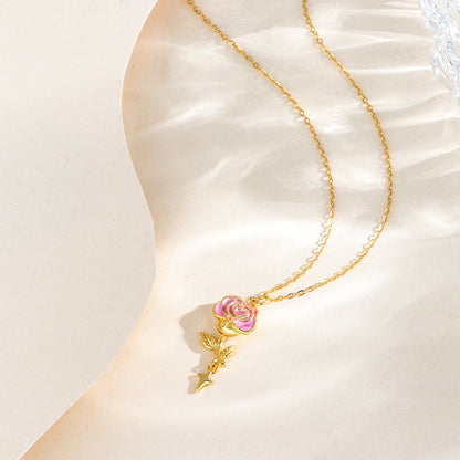 “Velour Rose” S925 Sterling Silver Pink Rose Pendant Necklace