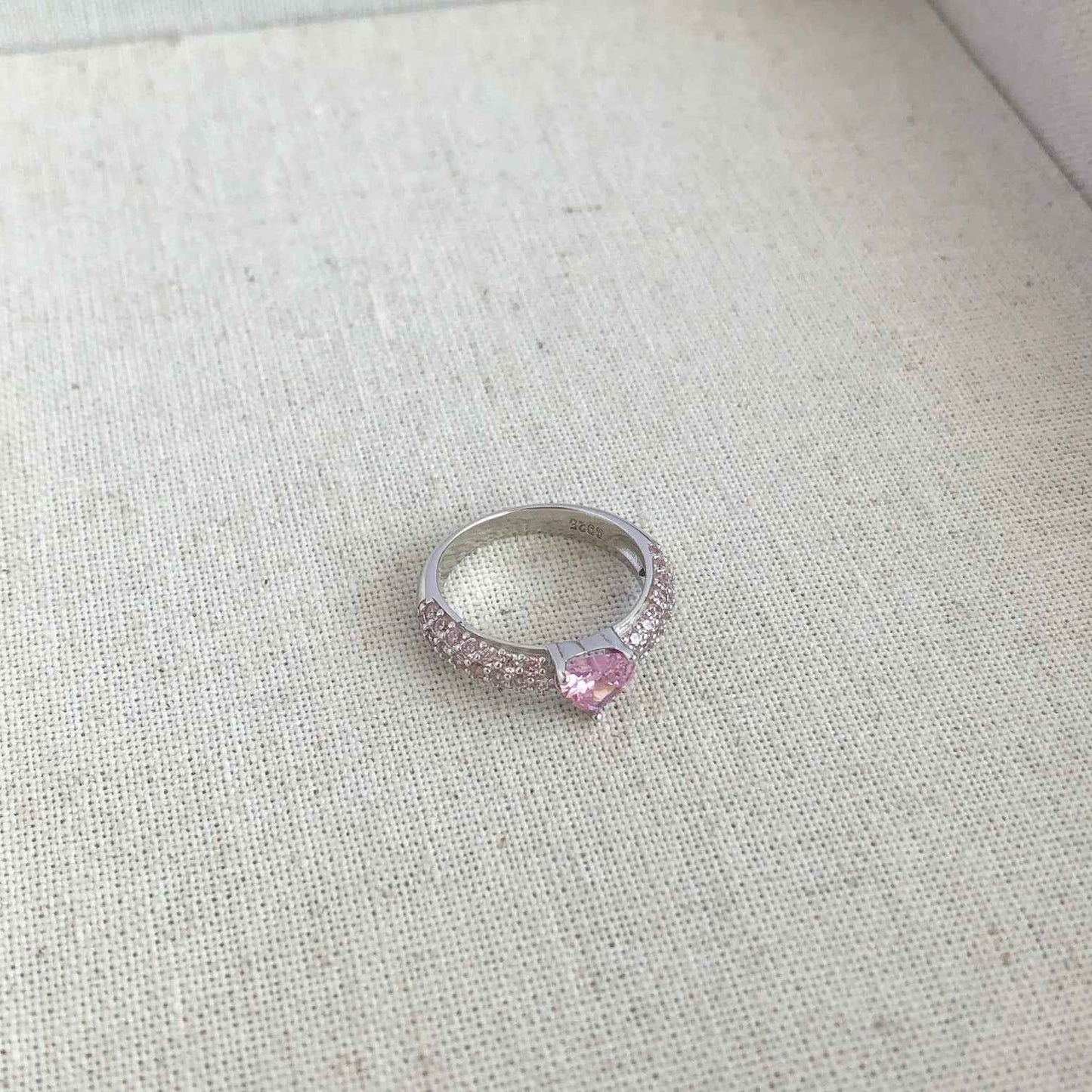 “Rosy Glimmer” 925 Sterling Silver Pink Pavé Heart Ring