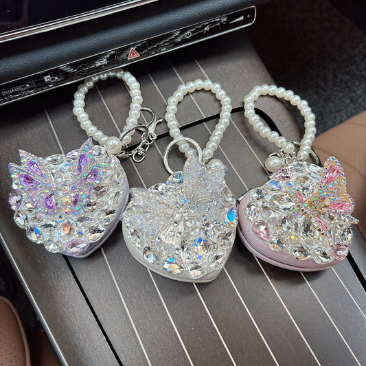 Crystal Butterfly Heart Compact Mirror Keychain & Bag Charm